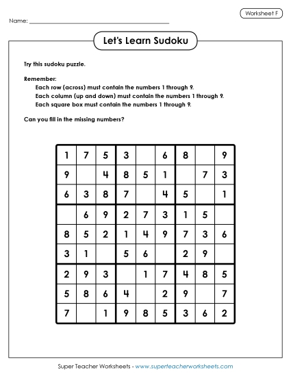 Let's Learn Sudoku F (Printable PDF Worksheet)