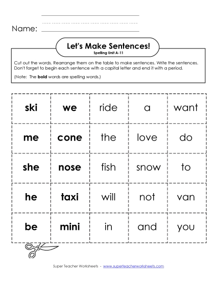 Worksheets - Let's Build Sentences (A-11) (Printable PDF Worksheet)