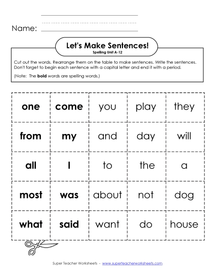 Worksheets - Let's Build Sentences (A-12) (Printable PDF Worksheet)