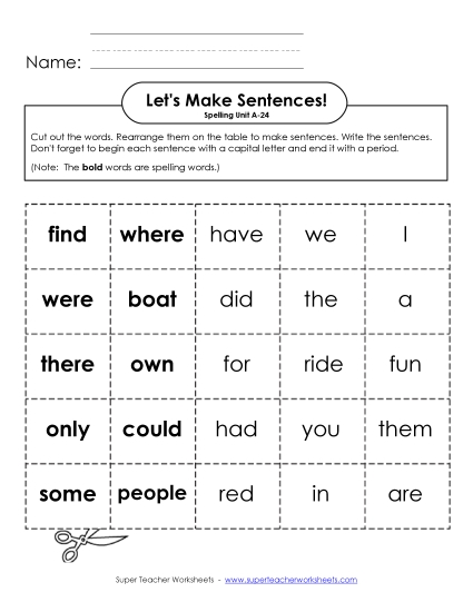 Worksheets - Let's Build Sentences (A-24) (Printable PDF Worksheet)