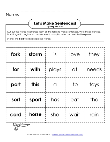 Worksheets - Let's Build Sentences (A-28) (Printable PDF Worksheet)
