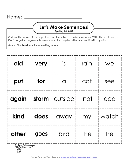 Worksheets - Let's Build Sentences (A-30) (Printable PDF Worksheet)