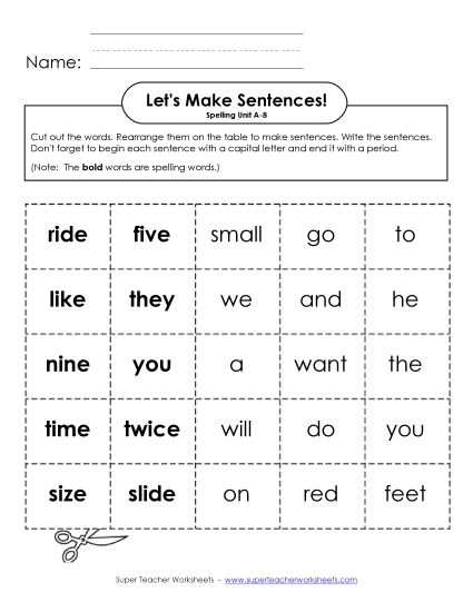 Worksheets - Let's Build Sentences (A-8) (Printable PDF Worksheet)