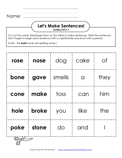 Worksheets - Let's Build Sentences (A-9) (Printable PDF Worksheet)