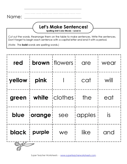 Worksheets and Activities  - Let's Build Sentences (A-Color Words) (Printable PDF Worksheet)