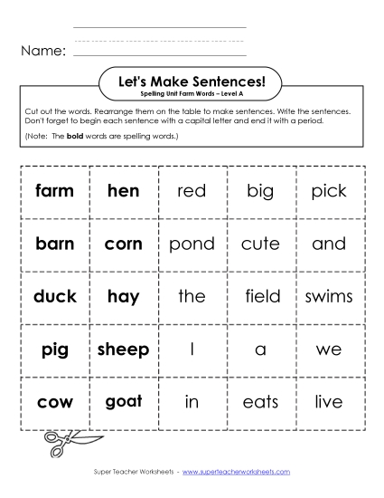 Printable Worksheets - Let's Build Sentences (A-Farm Words) (Printable PDF Worksheet)
