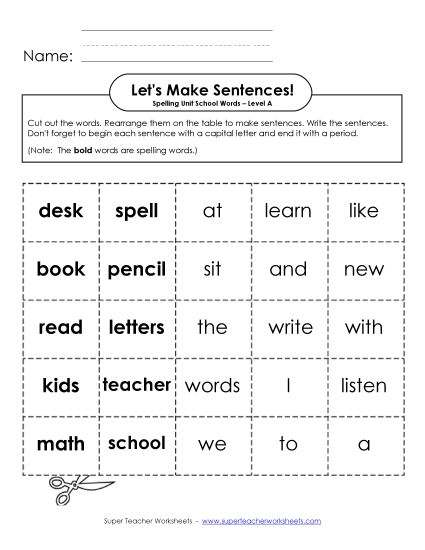 Worksheets and Activities - Let's Build Sentences (A-School Words) (Printable PDF Worksheet)