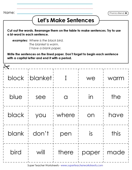 Games & Learning Centers - Let's Make Sentences (Bl-)  (Printable PDF Worksheet)