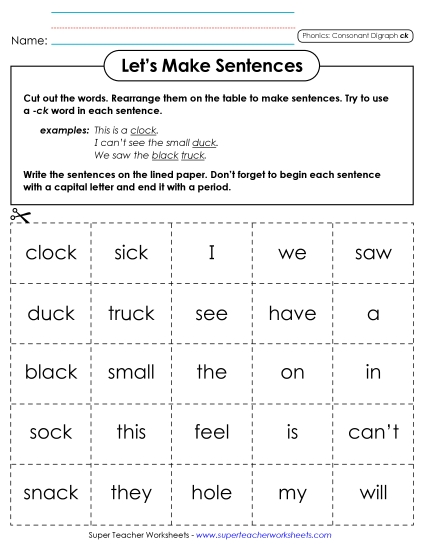Games and Learning Centers - Let's Make Sentences (ck) (Printable PDF Worksheet)