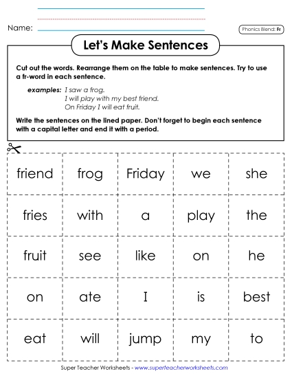 Games & Learning Centers - Let's Make Sentences (Fr-) (Printable PDF Worksheet)