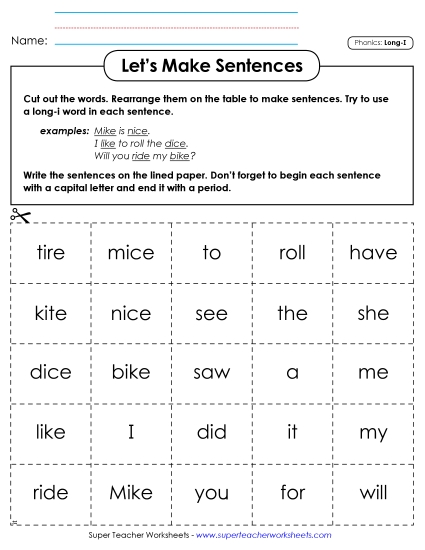 Games & Learning Centers - Let's Make Sentences: Long I Words (Printable PDF Worksheet)