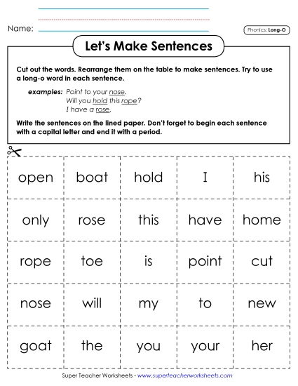 Games & Learning Centers - Let's Make Sentences (Long O Words) (Printable PDF Worksheet)