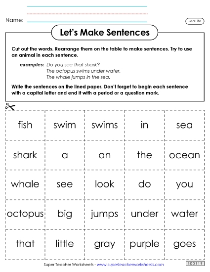 Worksheets & Activities - Let's Make Sentences: Sea Life (Printable PDF Worksheet)