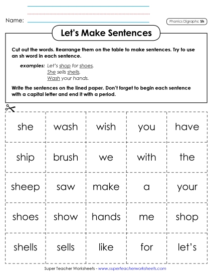 Games & Learning Centers - Let's Make Sentences (SH) (Printable PDF Worksheet)