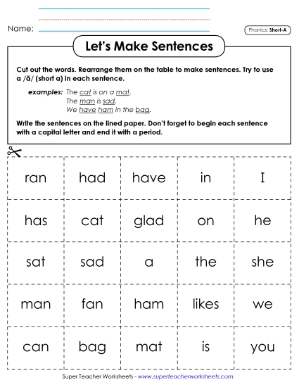Games & Learning Centers - Let's Make Sentences: Short A Words (Printable PDF Worksheet)