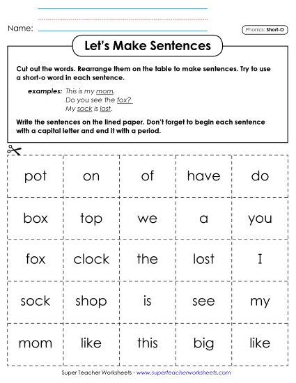 Games & Learning Centers - Let's Make Sentences: Short O Words (Printable PDF Worksheet)