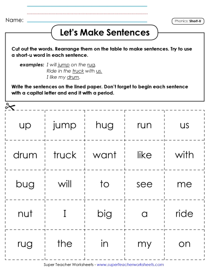 Games and Puzzles - Let's Make Sentences: Short U Words (Printable PDF Worksheet)