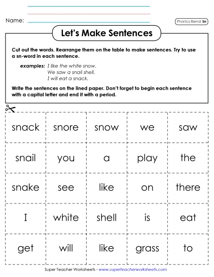 Games & Learning Centers - Let's Make Sentences (Sn-)  (Printable PDF Worksheet)