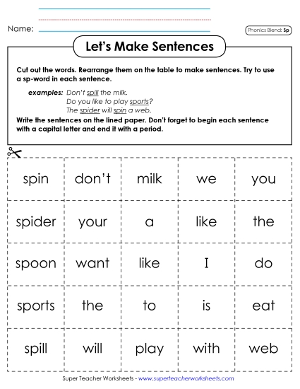 Games & Learning Centers - Let's Make Sentences (Sp- Words) (Printable PDF Worksheet)