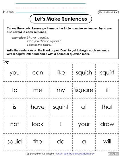 Games and Learning Centers - Let's Make Sentences (Squ-) (Printable PDF Worksheet)