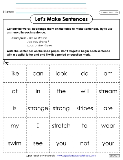 Games and Learning Centers - Let's Make Sentences (Str-) (Printable PDF Worksheet)