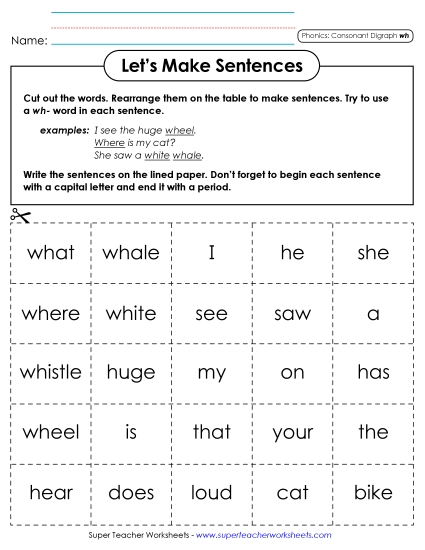Games and Learning Centers - Let's Make Sentences (WH Words) (Printable PDF Worksheet)