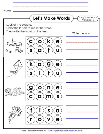Let's Make Words (Word Circles) - Let's Make Words (Silent E) (Printable PDF Worksheet)