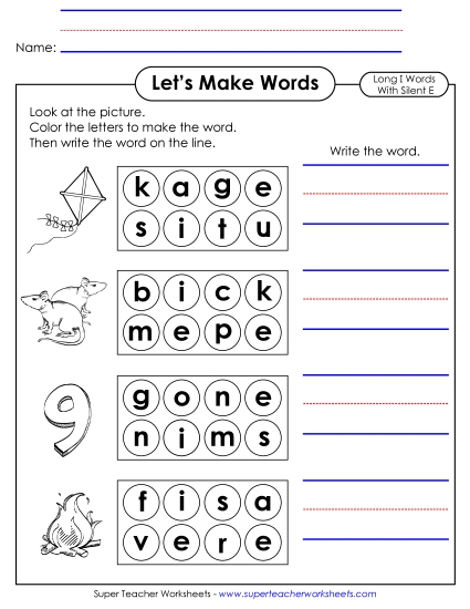 Worksheets - Let's Make Words (Word Circles) Long I; Silent E  (#2) (Printable PDF Worksheet)