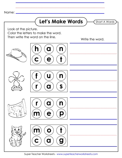 Worksheets - Let's Make Words (Word Circles) Short A (Printable PDF Worksheet)