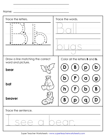 Letter B: Mixed Skills - Letter B - Mixed Skills (Intermediate) (Printable PDF Worksheet)