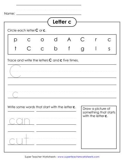 Worksheets - Letter C c - Practice Sheet (Printable PDF Worksheet)