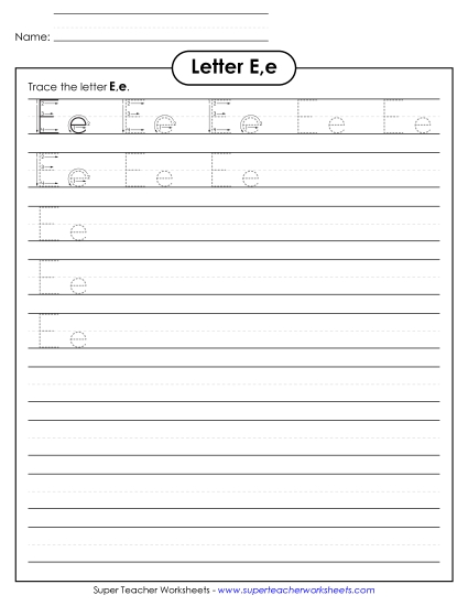 Trace and Print - Letter E, e - Tracing (Smaller Font Size) (Printable PDF Worksheet)