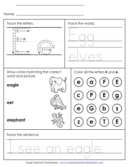 Letter E: Mixed Skills - Letter E - Mixed Skills (Intermediate) (Printable PDF Worksheet)