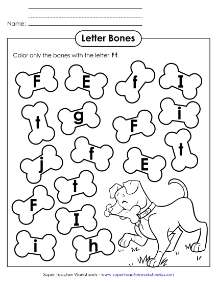 Letter Recognition - Letter F f Recognition - Dog Bones (Printable PDF Worksheet)
