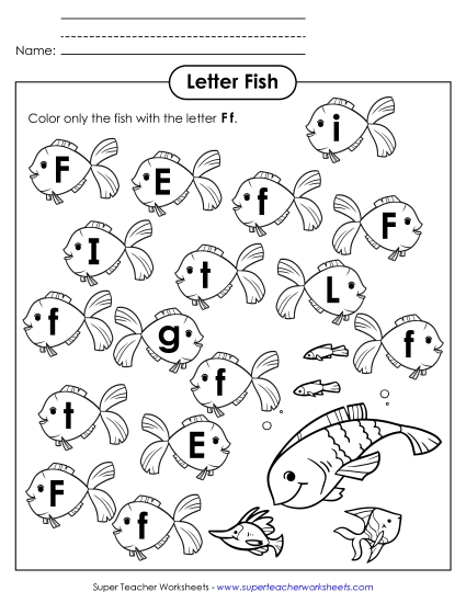 Letter Recognition - Letter F f Recognition - Fish (Printable PDF Worksheet)