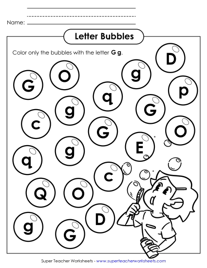 Letter Recognition - Letter G g Recognition - Bubbles (Printable PDF Worksheet)
