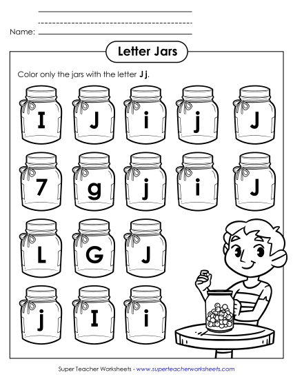 Letter Recognition - Letter J j Recognition - Jars (Printable PDF Worksheet)