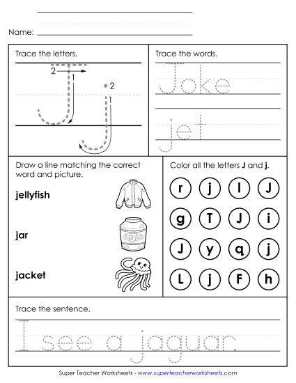 Letter J: Mixed Skills - Letter J - Mixed Skills (Intermediate) (Printable PDF Worksheet)