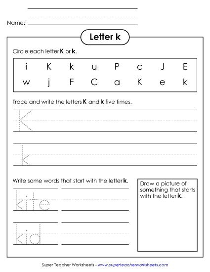 Trace and Print - Letter K k - Practice Sheet (Printable PDF Worksheet)