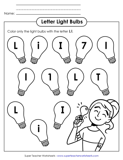 Letter Recognition - Letter L l Recognition - Light Bulbs (Printable PDF Worksheet)
