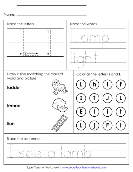 Letter L: Mixed Skills - Letter L - Mixed Skills (Intermediate) (Printable PDF Worksheet)