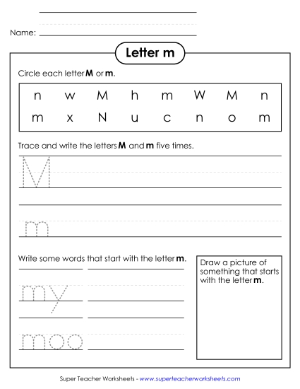 Trace and Print - Letter M m - Practice Sheet (Printable PDF Worksheet)