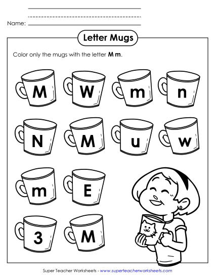 Letter Recognition - Letter M m Recognition - Mugs (Printable PDF Worksheet)