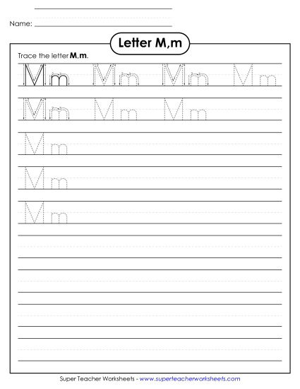 Trace and Print - Letter M, m - Tracing (Smaller Font Size) (Printable PDF Worksheet)