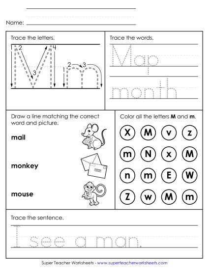 Letter M: Mixed Skills - Letter M - Mixed Skills (Intermediate) (Printable PDF Worksheet)