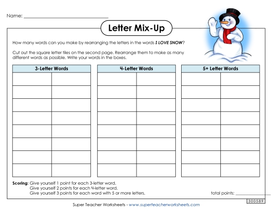 Puzzles - Letter Mix Up: I Love Snow (Intermediate) (Printable PDF Worksheet)