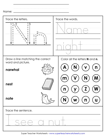 Letter N: Mixed Skills - Letter N - Mixed Skills (Intermediate) (Printable PDF Worksheet)