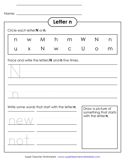 Trace and Print - Letter N n - Practice Sheet (Printable PDF Worksheet)