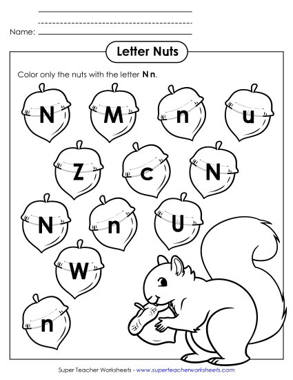 Letter Recognition - Letter N n Recognition - Nuts (Printable PDF Worksheet)