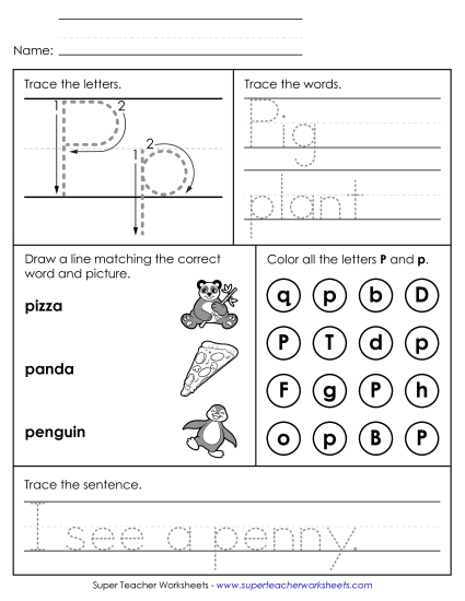 Letter P: Mixed Skills - Letter P - Mixed Skills (Intermediate) (Printable PDF Worksheet)